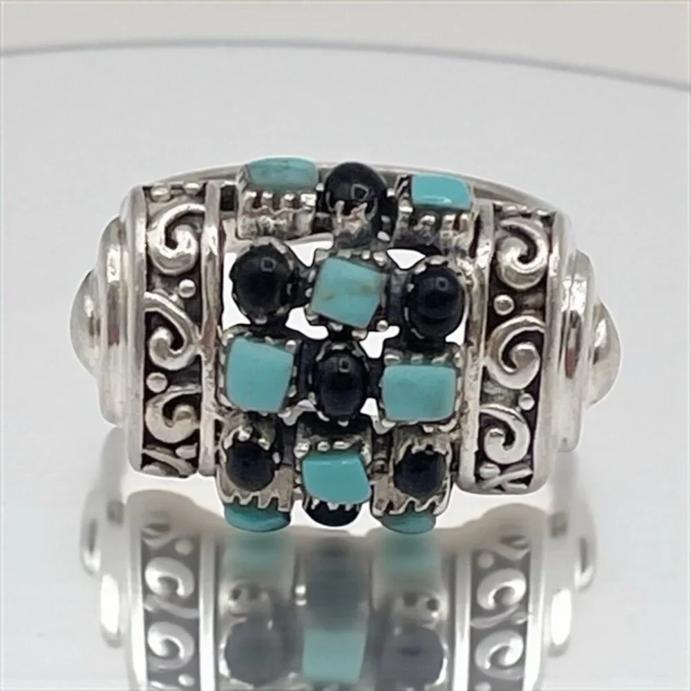 Sterling Silver Ring 925 Turquoise Black Onyx Grid Design Vintage Boho Size 8.5